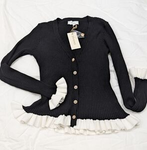 Rihoas / New w. tags Medium / Black V Neck Contrast Trim Ruffle Cardigan